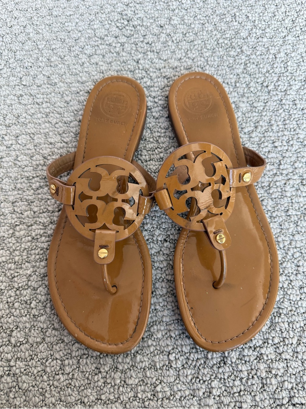 Tory Burch Tan Miller Logo Thong Sandals with Gold Accents